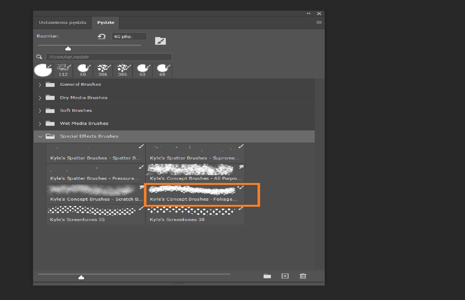 Panel Pędzle zawiera dostępne pędzle predefiniowane z jednym wybranym pędzlem.