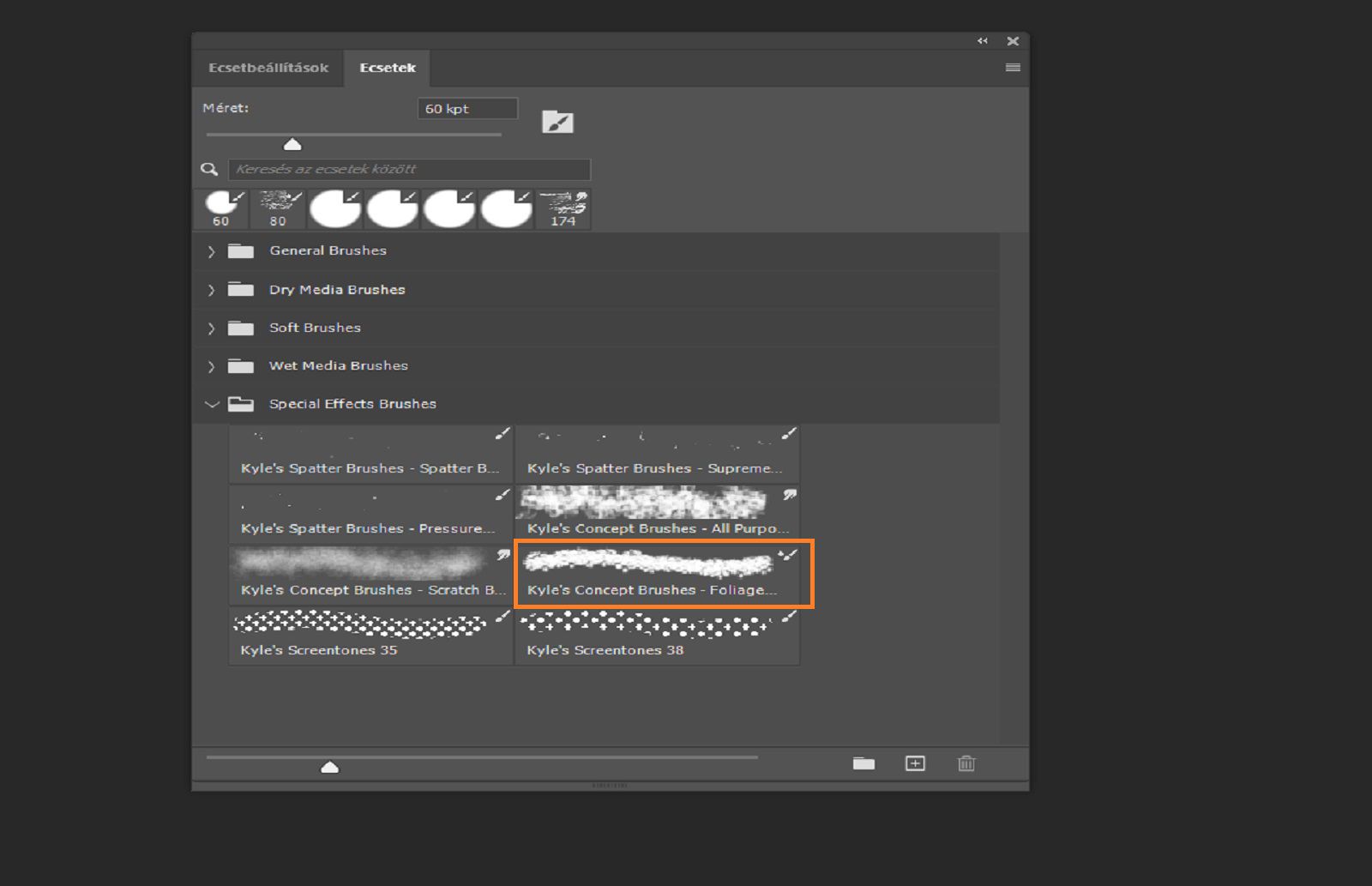 Az Ecsetek panel megjeleníti az elérhető ecsetkészleteket, egy kiválasztott ecsettel.