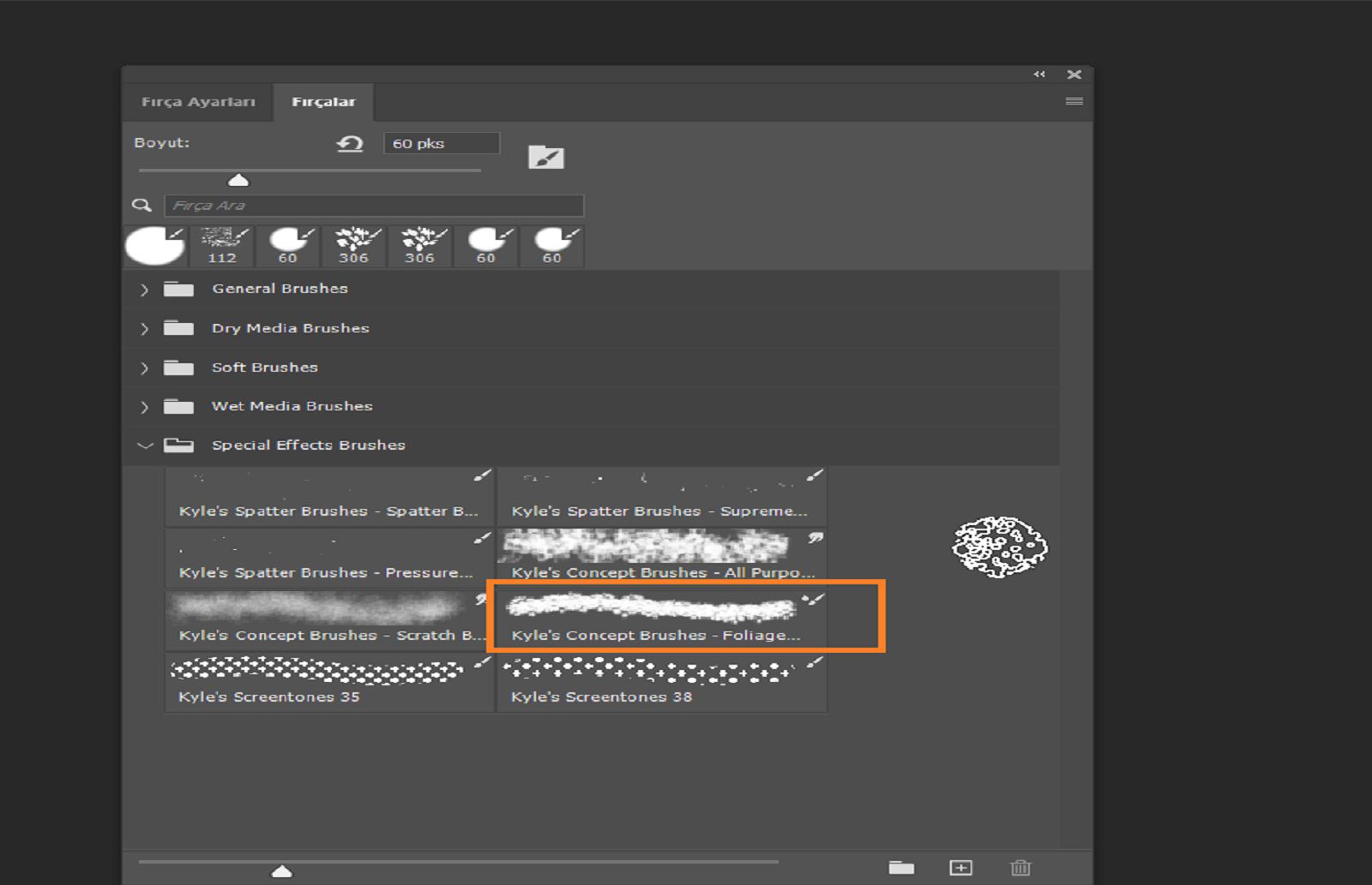 Fırçalar paneli, bir fırça seçili olarak kullanılabilir fırça hazır ayarlarını gösterir.