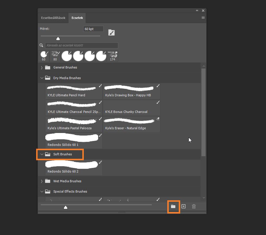 Az Ecsetek panel a csoportosított ecseteket mappa ikonokkal mutatja, kiemelve a Lágy ecsetek mappát és az új csoport ikont.
