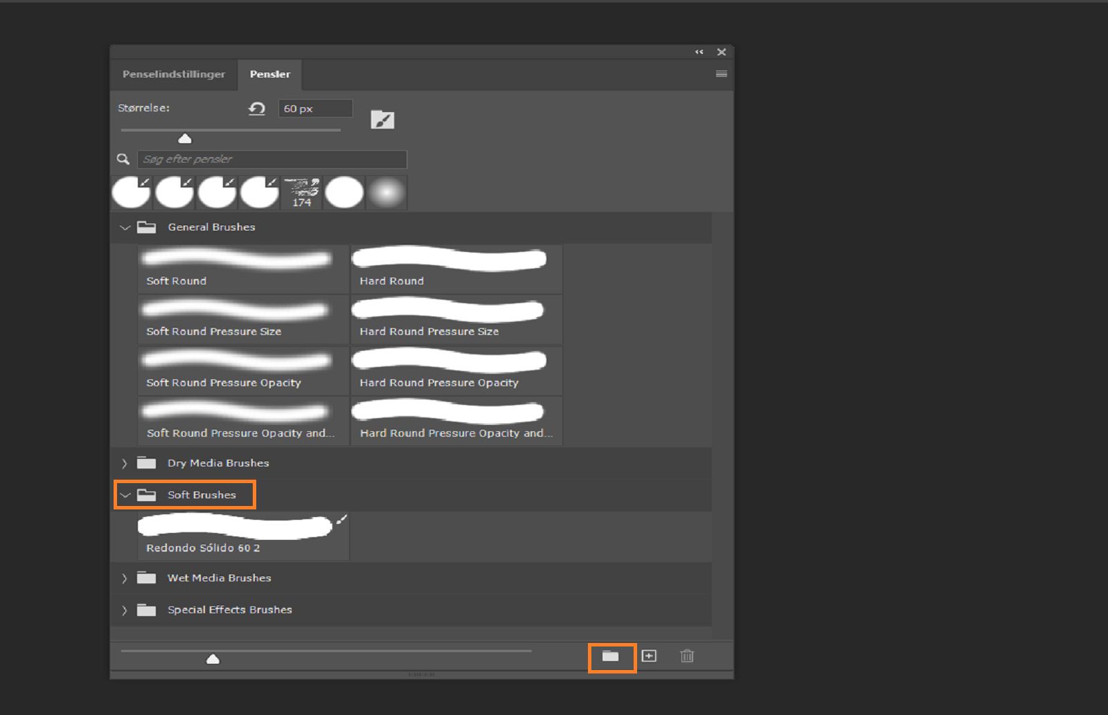 Penselpanel der viser grupperede pensler med mappeikoner, mappen Bløde pensler er fremhævet og det nye gruppeikon.
