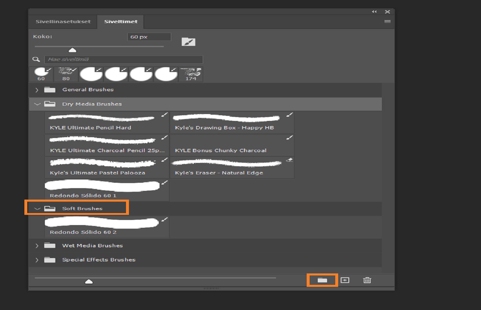 Siveltimet-paneeli, jossa on näkyvissä ryhmitellyt siveltimet ja niiden kansiokuvakkeet sekä korostettuna Soft Brushes -niminen kansio ja uuden ryhmän luomiskuvake.