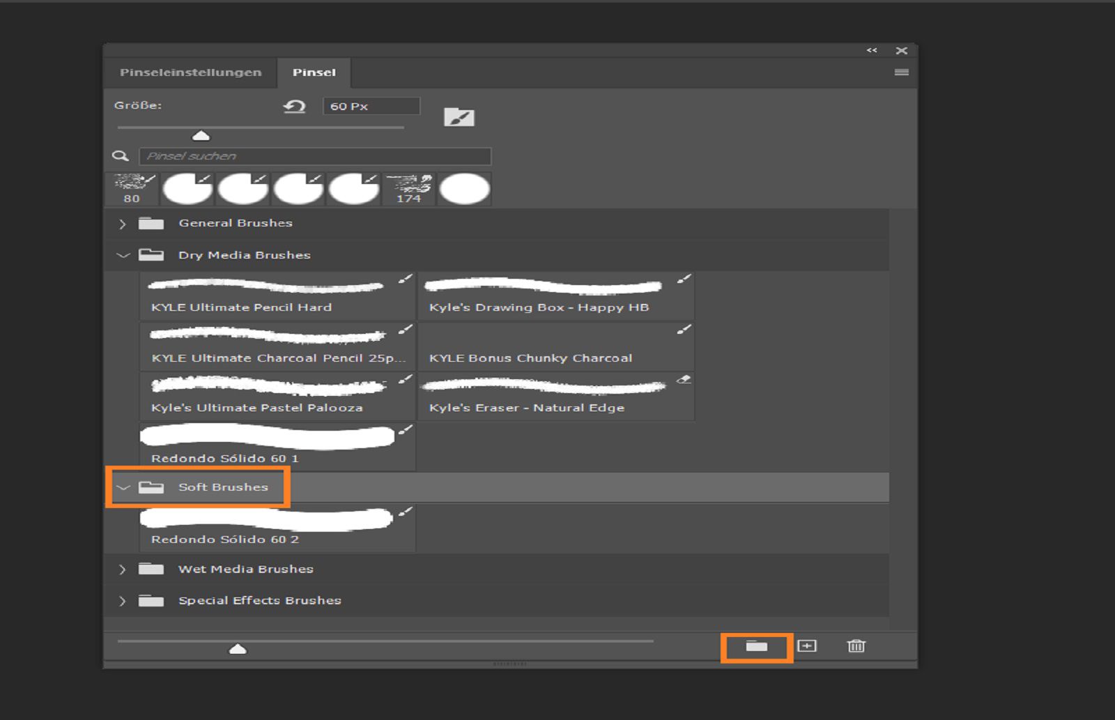 Im Pinsel-Panel siehst du gruppierte Pinsel mit Ordner-Symbolen und das Markieren des Ordners „Weiche Pinsel“ sowie des Symbols „Neue Gruppe“.