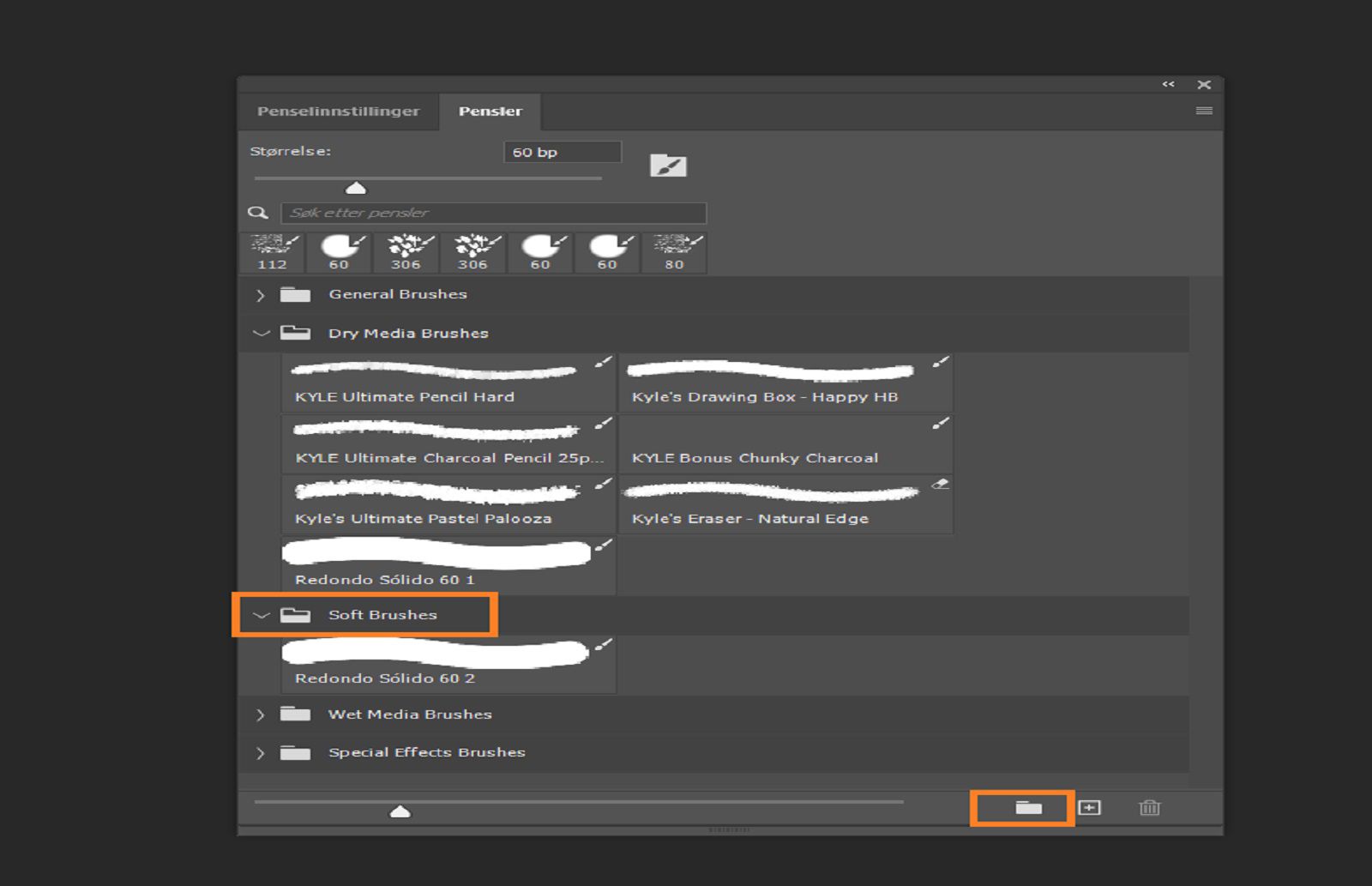 Pensler-panel som viser grupperte pensler med mappeikoner, fremhever mappen Myke pensler og ikonet for ny gruppe.