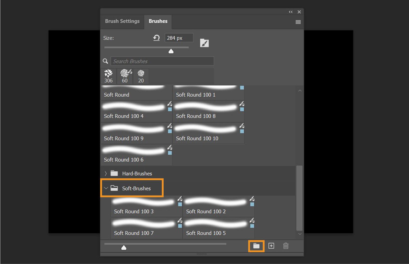 แผงแปรงจะแสดงแปรงที่จัดกลุ่มด้วยไอคอนโฟลเดอร์ โดยมีการไฮไลต์โฟลเดอร์แปรงนุ่มและไอคอนกลุ่มใหม่