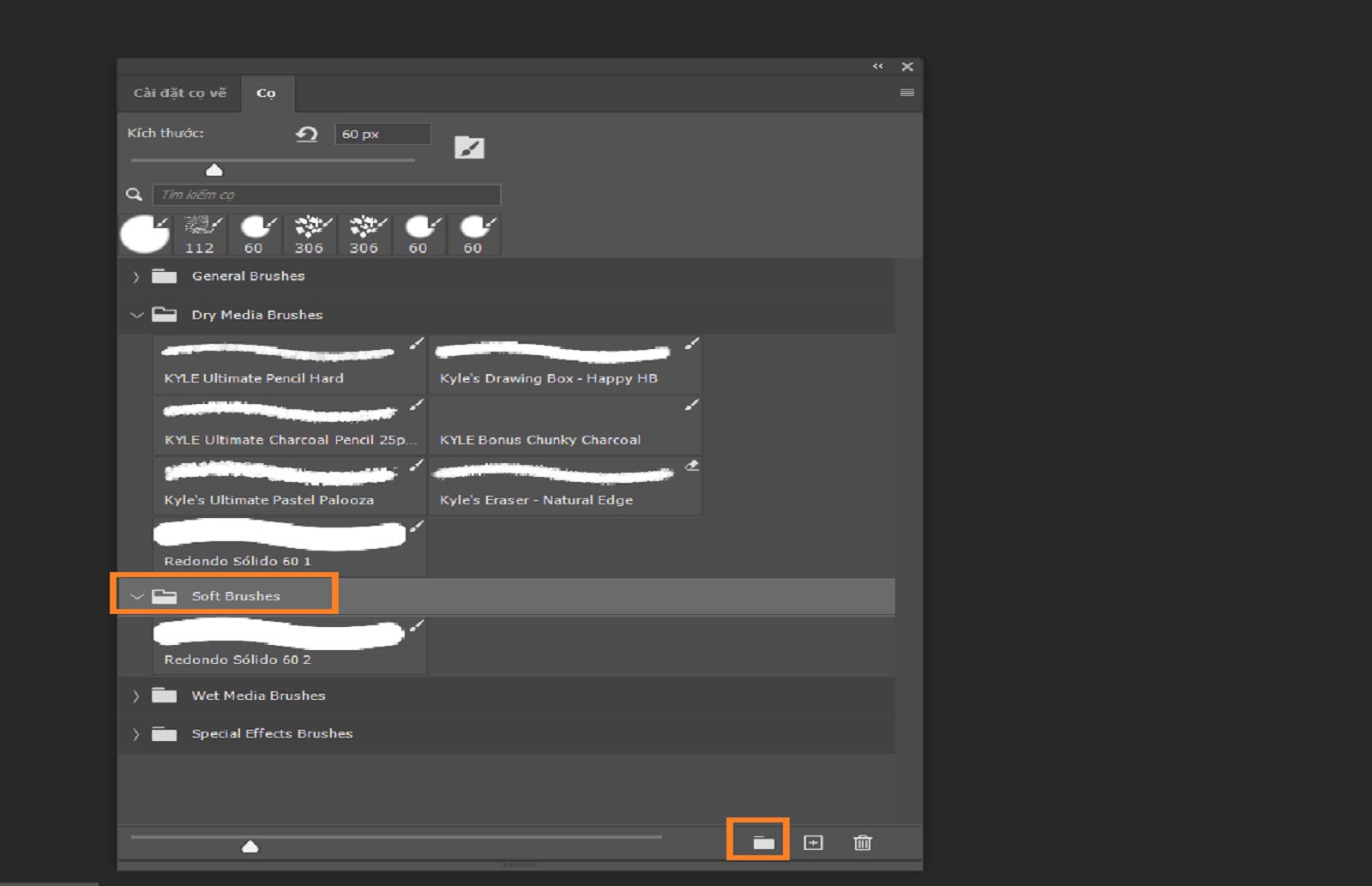 Bảng Cọ hiển thị cọ được sắp xếp thành nhóm với biểu tượng thư mục, làm nổi bật thư mục Cọ nét mềm và biểu tượng nhóm mới.