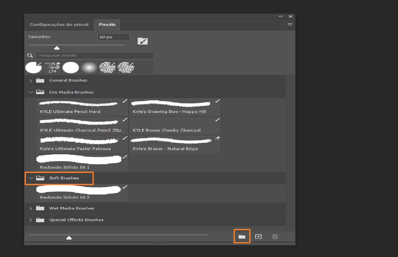 Painel Pincéis mostrando pincéis agrupados com ícones de pasta, destacando a pasta Pincéis suaves e o novo ícone de grupo. 
