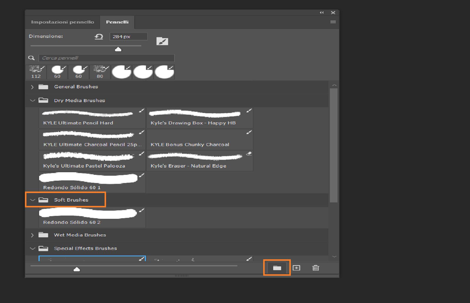 Pannello Pennelli che mostra i pennelli raggruppati con icone delle cartelle, evidenziando la cartella Pennelli morbidi e l'icona del nuovo gruppo.