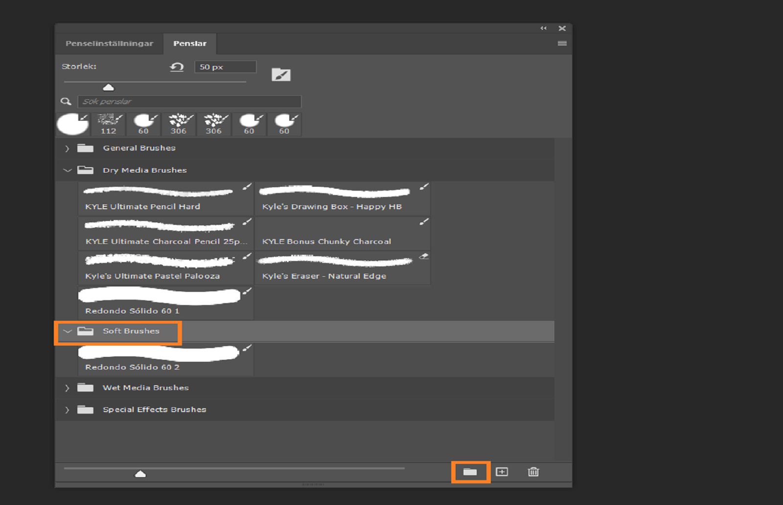 Brushes panel som visar grupperade penslar med mappikoner, markerar mappen Mjuka penslar och ikonen för ny grupp.