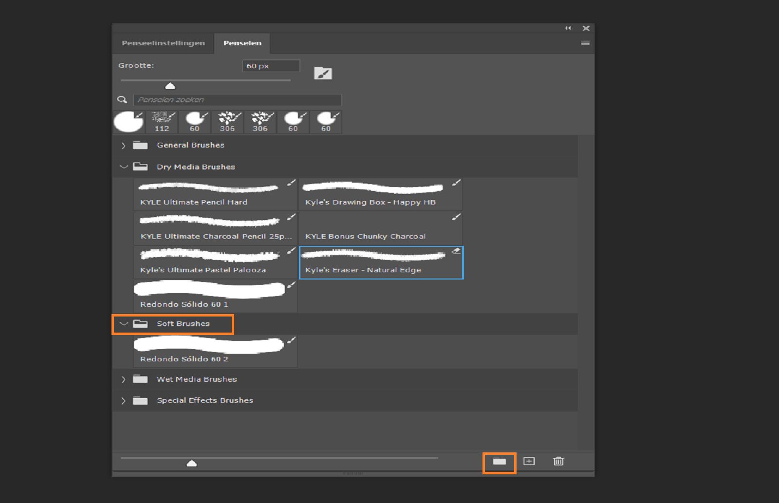 Penselen-deelvenster met gegroepeerde penselen met mappictogrammen, met markering van de map Zachte penselen en het pictogram voor nieuwe groep.