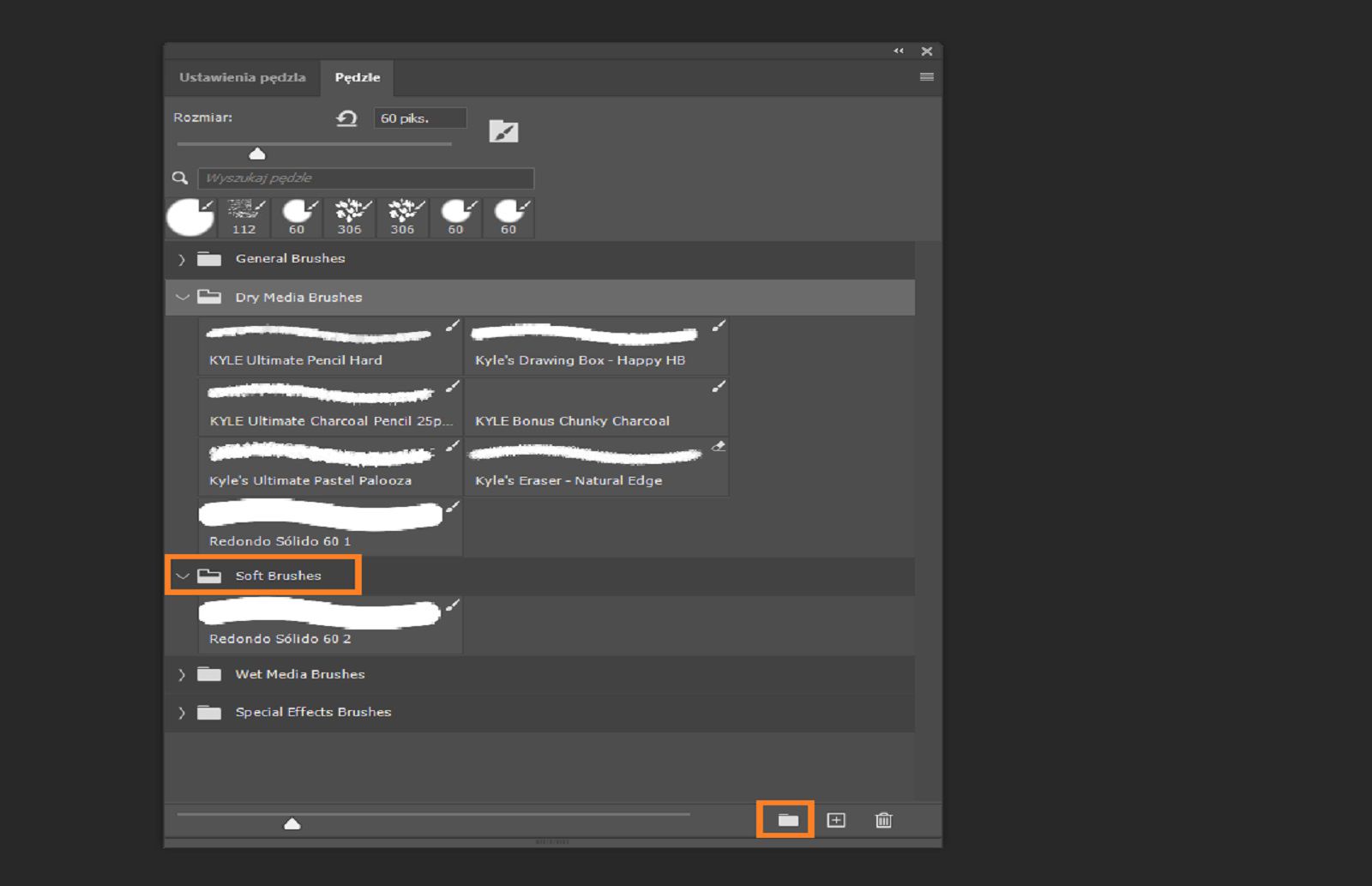 Panel Pędzle ze zgrupowanymi pędzlami z ikonami folderów, z wyróżnionym folder Miękkie pędzle i ikoną nowej grupy.