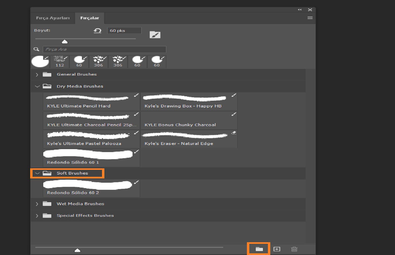 Yumuşak Fırçalar klasörünü ve yeni grup simgesini vurgulayan, klasör simgeleriyle gruplandırılmış fırçaları gösteren Fırçalar paneli.