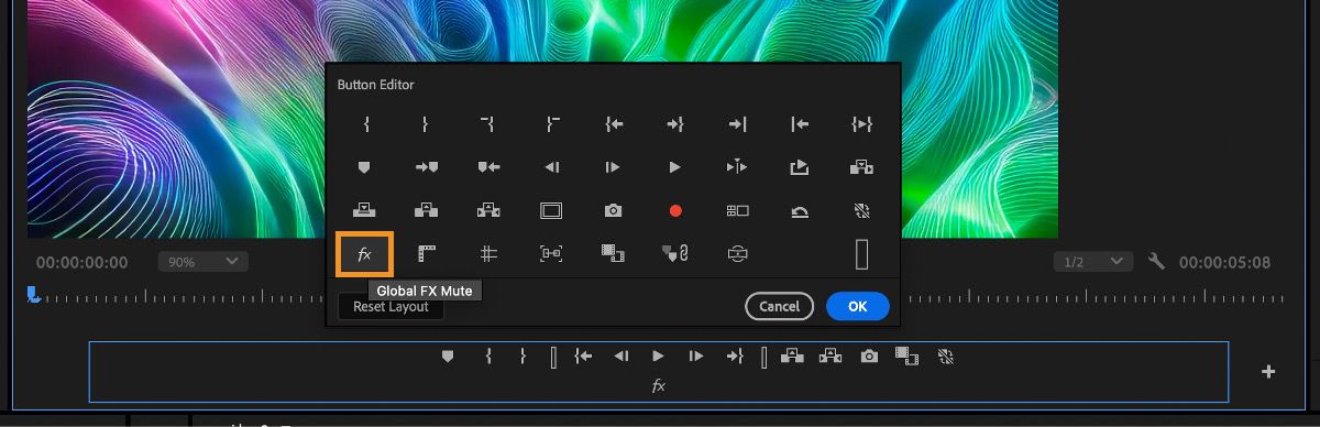 L'Editor pulsanti è aperto nel Monitor Programma e il pulsante Disattiva tutti gli effetti è evidenziato per disattivare tutti gli effetti applicati.