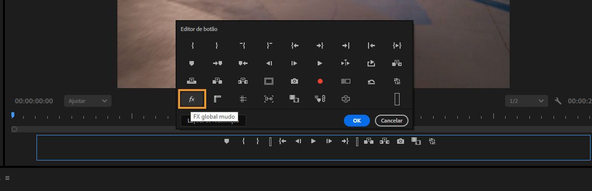 O editor de botões está aberto no monitor de programa, e o botão de silenciar efeitos globais está realçado para silenciar todos os efeitos aplicados.