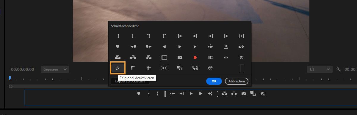 Der Schaltflächen-Editor im Programm-Monitor ist geöffnet und die Schaltfläche „FX global deaktivieren“ zum Deaktivieren aller Effekte ist hervorgehoben.