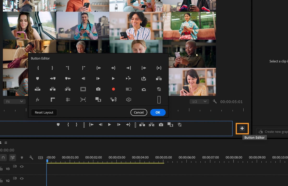 Se selecciona el Button Editor y aparece la lista de botones para que pueda añadir y ajustar la barra de botones debajo de los monitores de fuente y programa.