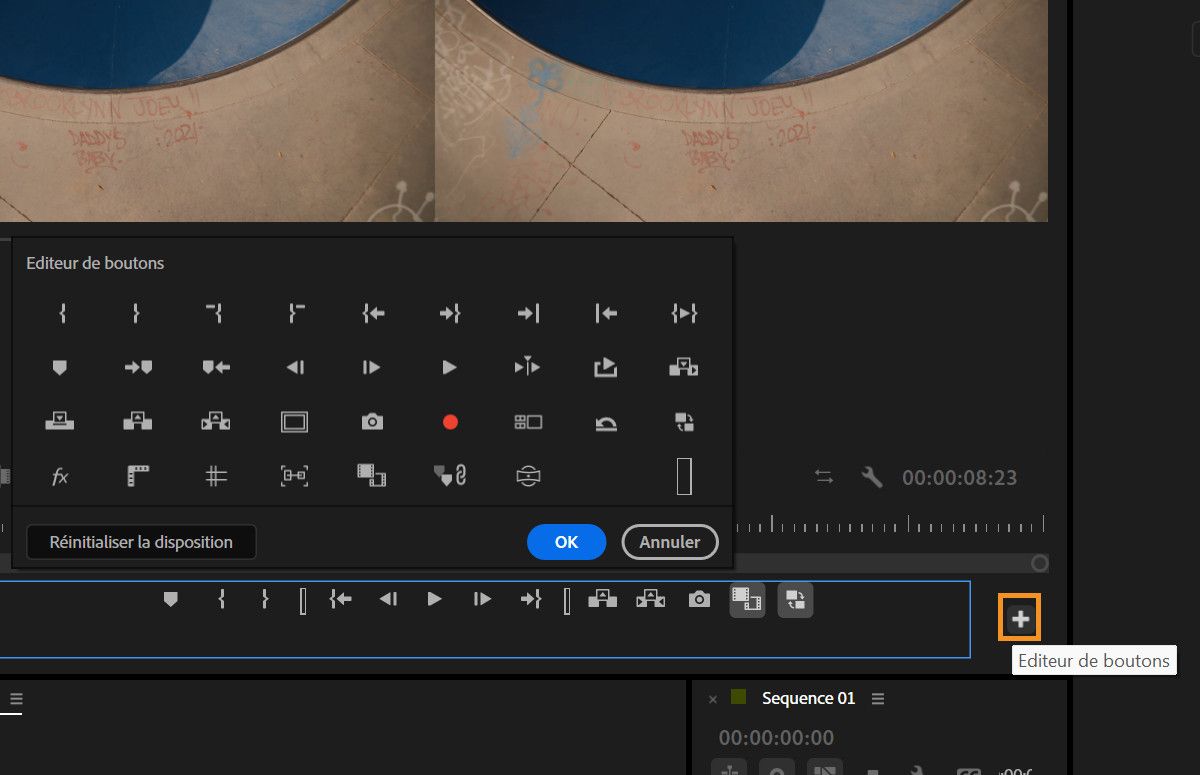 L’éditeur de boutons est sélectionné et la liste des boutons apparaît pour vous permettre d’ajouter et d’ajuster la barre de boutons sous le moniteur source et le moniteur du programme.