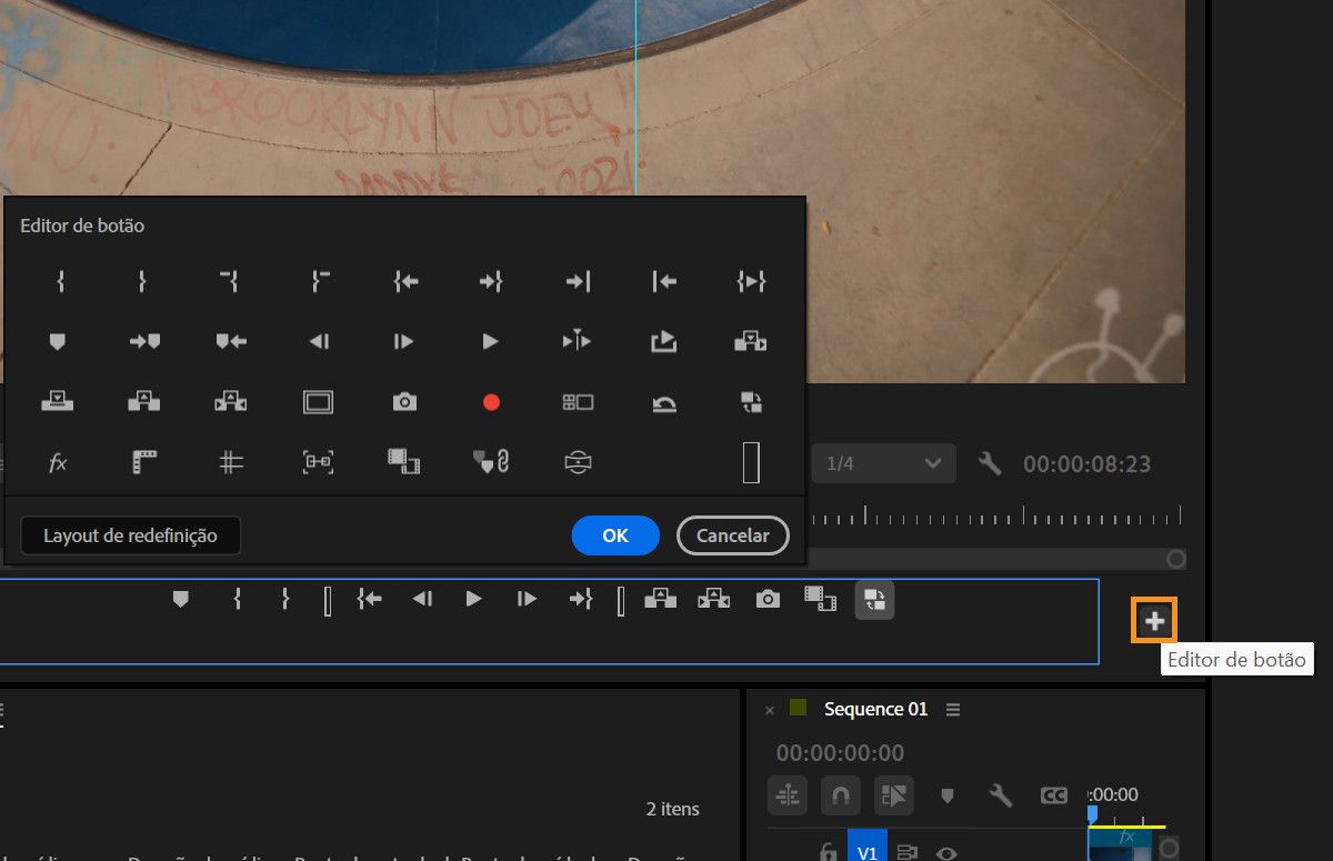 O Editor de botões é selecionado e a lista de botões aparece para você adicionar e ajustar a barra de botões abaixo dos monitores de origem e de programa.