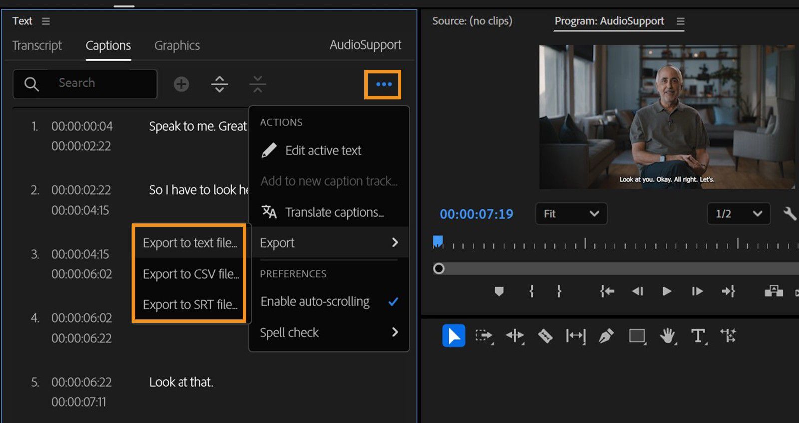 La pestaña Captions está abierta y en el menú Export hay diferentes formatos de archivo disponibles para exportar transcripciones.
