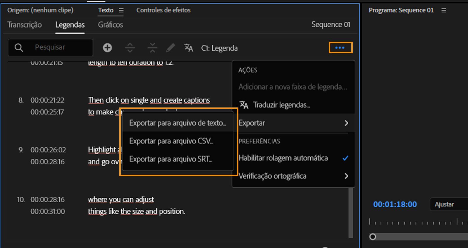 A guia “Legendas” está aberta e, no menu “Exportar”, há diferentes formatos de arquivo disponíveis para exportar transcrições.