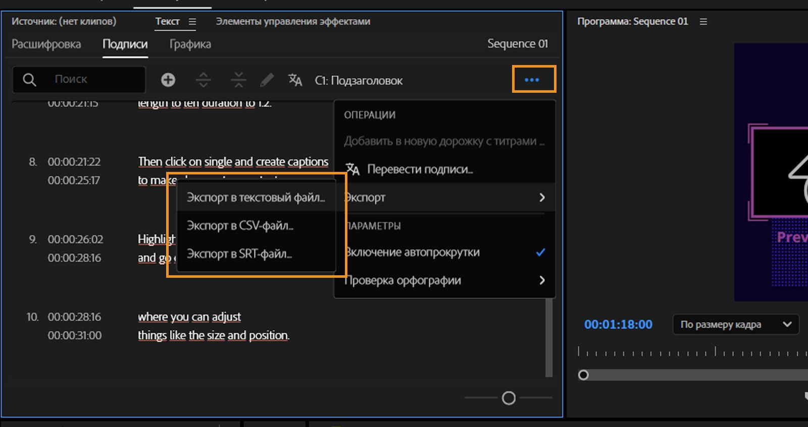 Открыта вкладка «Подписи», а в меню «Экспорт» доступны различные форматы файлов для экспорта транскрипций.