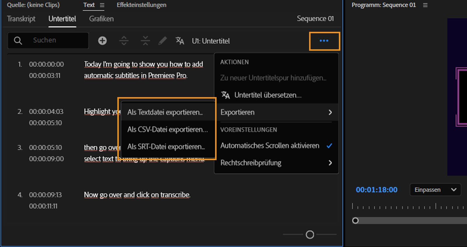 Die Registerkarte „Untertitel“ ist geöffnet und im Menü „Export“ stehen verschiedene Dateiformate für den Export von Transkripten zur Verfügung.