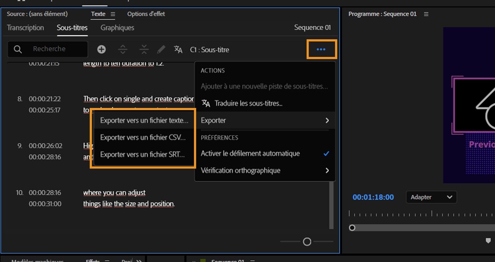 L’onglet Sous-titres est ouvert et dans le menu Export, différents formats de fichiers sont disponibles pour exporter les transcriptions.