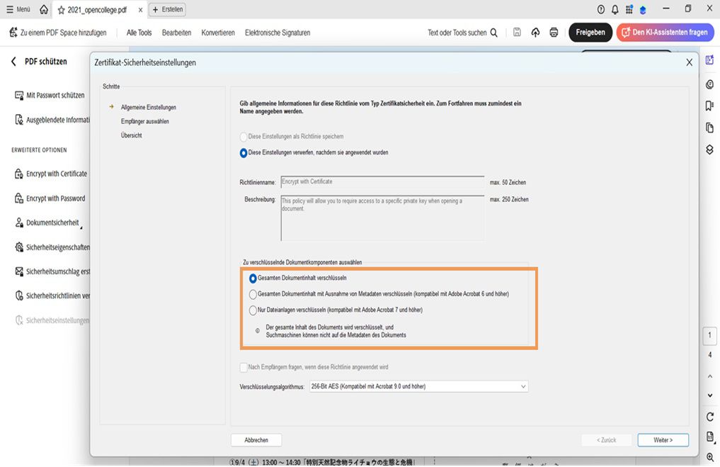 Das Dialogfeld „Zertifikat-Sicherheitseinstellungen“ zeigt die zu verschlüsselnden Dokumentkomponenten.