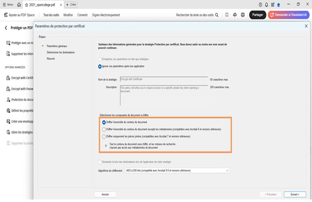 La boîte de dialogue Paramètres de sécurité du certificat affiche divers composants du document pour le chiffrement.