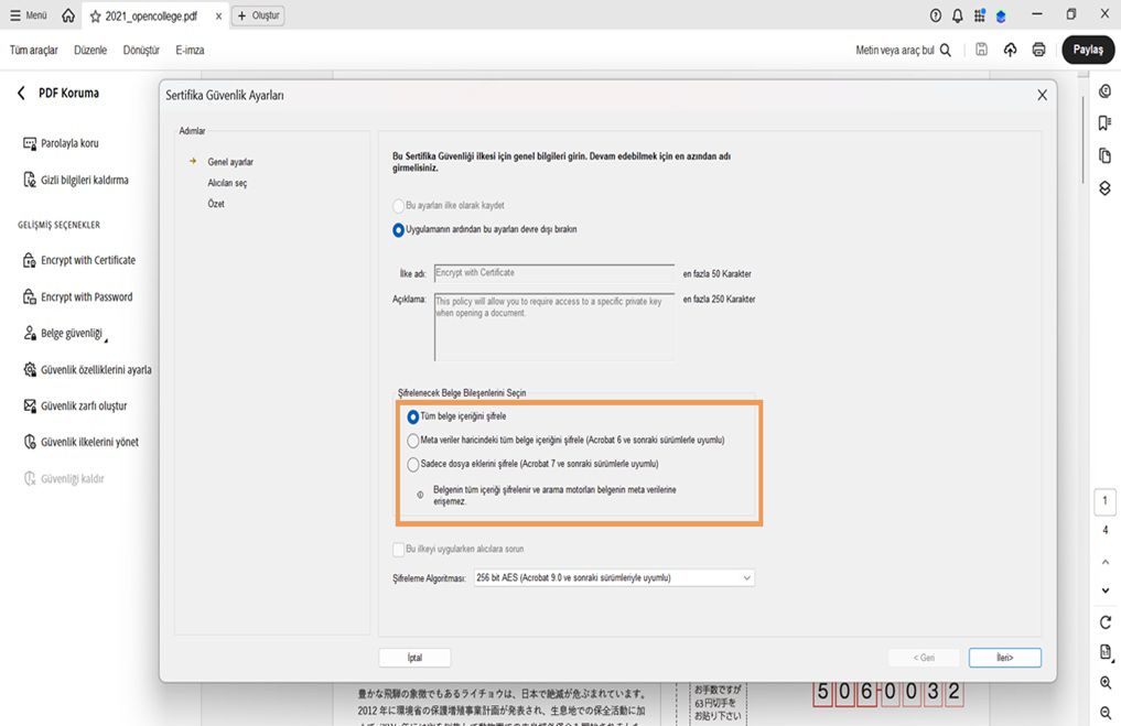 Sertifika Güvenlik Ayarları iletişim kutusu, şifreleme için çeşitli belge bileşenlerini gösterir.