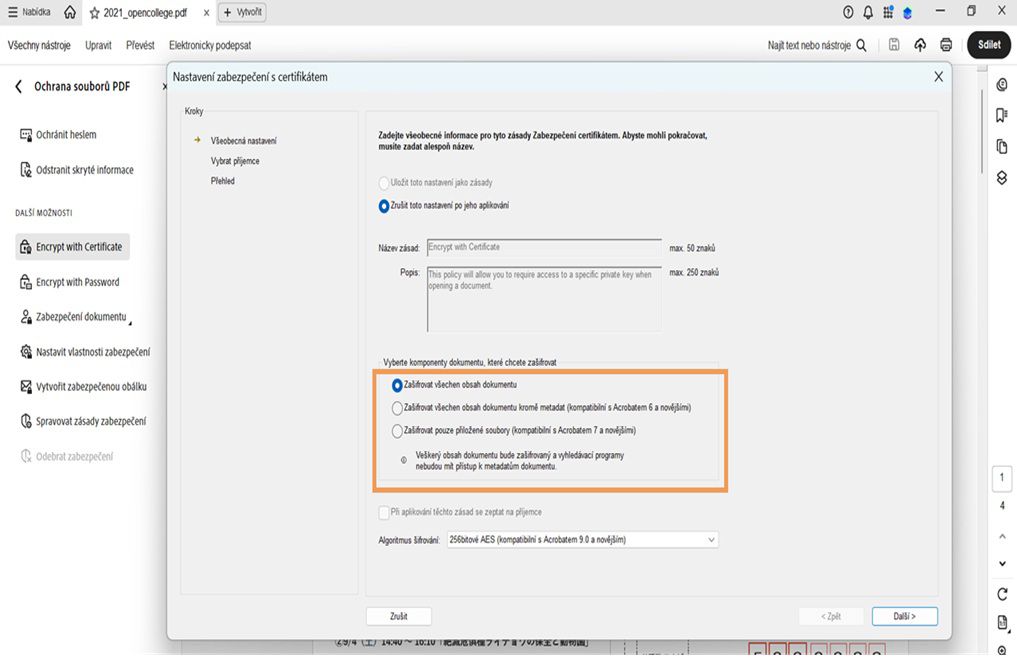 Dialogové okno Nastavení zabezpečení certifikátu zobrazuje různé součásti dokumentu pro šifrování.