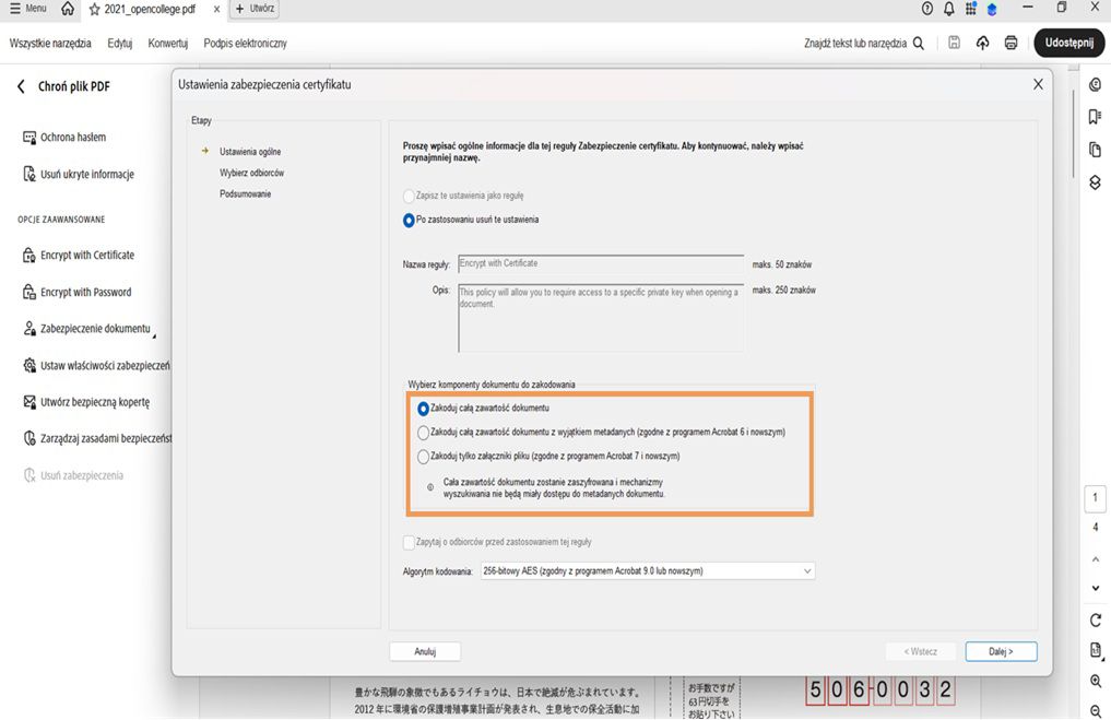 Okno dialogowe Ustawienia zabezpieczeń certyfikatu pokazuje różne elementy dokumentu do szyfrowania.
