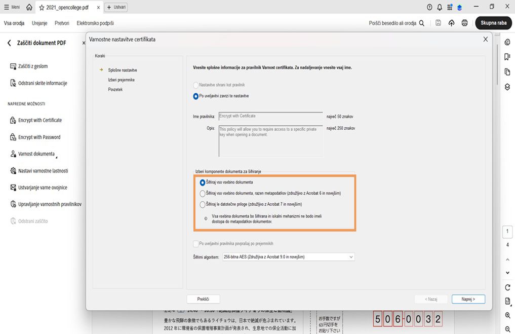V pogovornem oknu z varnostnimi nastavitvami potrdila so prikazani različni sestavni deli dokumenta za šifriranje.