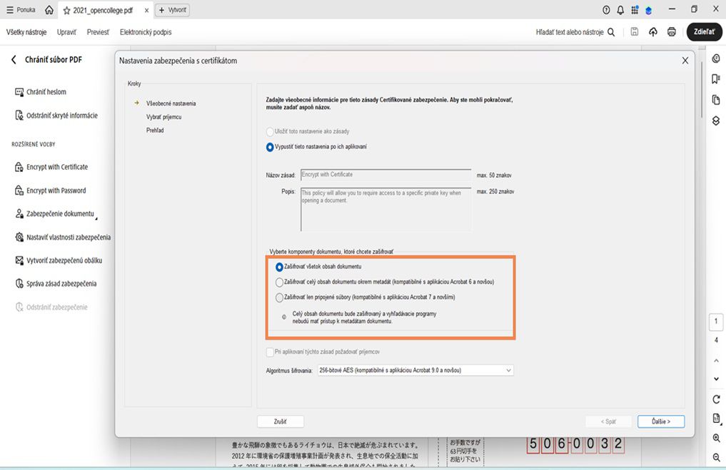Dialógové okno Nastavenia zabezpečenia certifikátu zobrazuje rôzne komponenty dokumentu na šifrovanie.