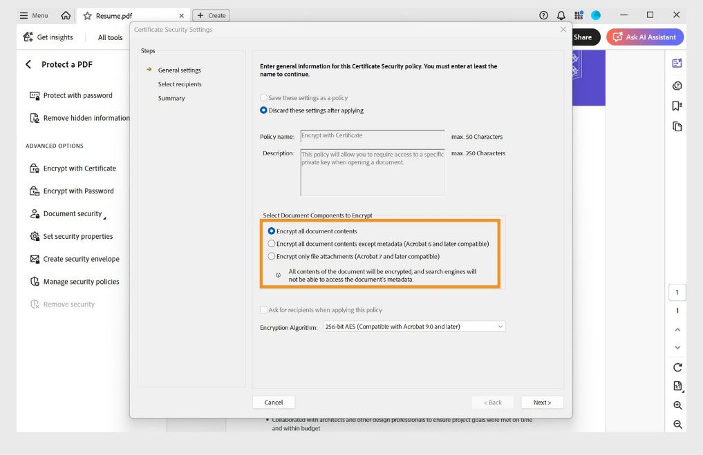 תיבת הדו-שיח Certificate Security Settings מציגה רכיבי מסמך שונים להצפנה.