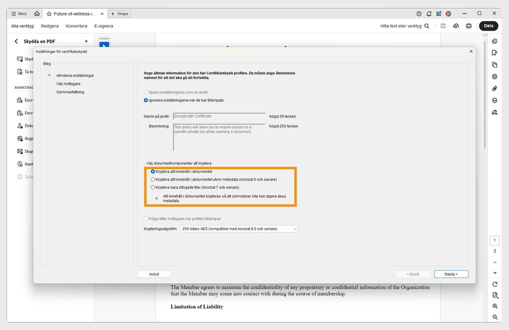 Dialogrutan Inställningar för certifikatsäkerhet visar olika dokumentkomponenter för kryptering.