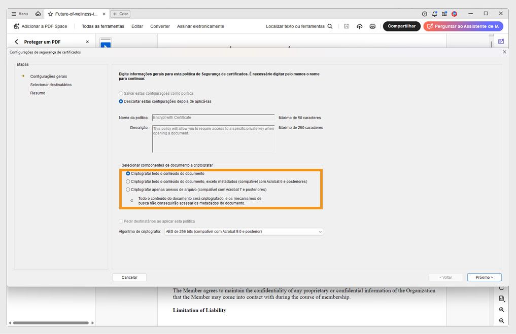 A caixa de diálogo Configurações de Segurança do Certificado mostra vários componentes do documento para criptografia.