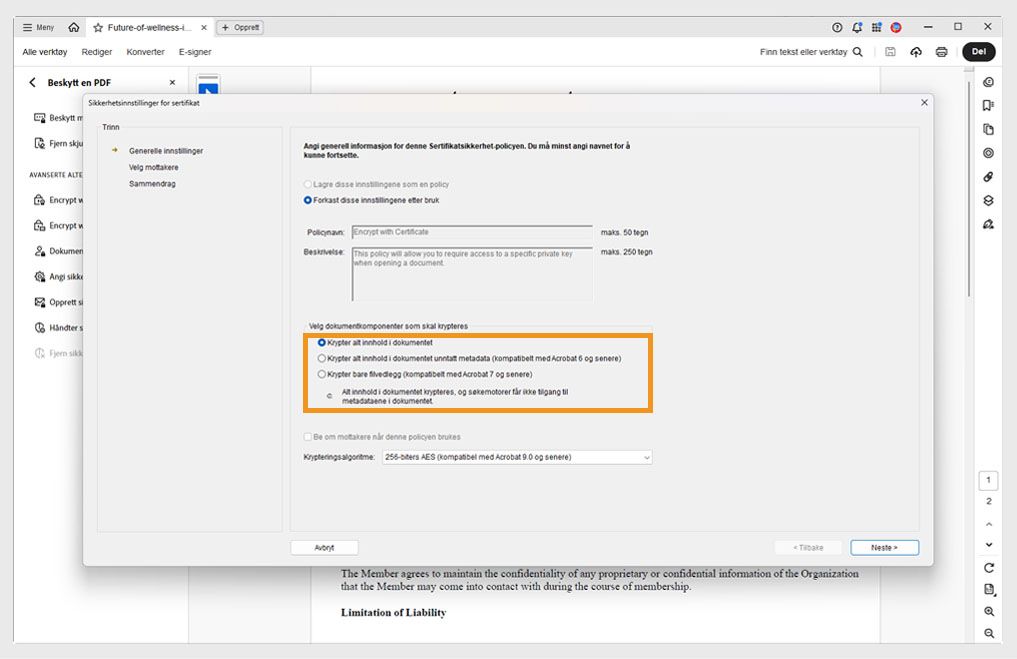 Dialogboksen Sertifikatsikkerhetsinnstillinger viser ulike dokumentkomponenter for kryptering.
