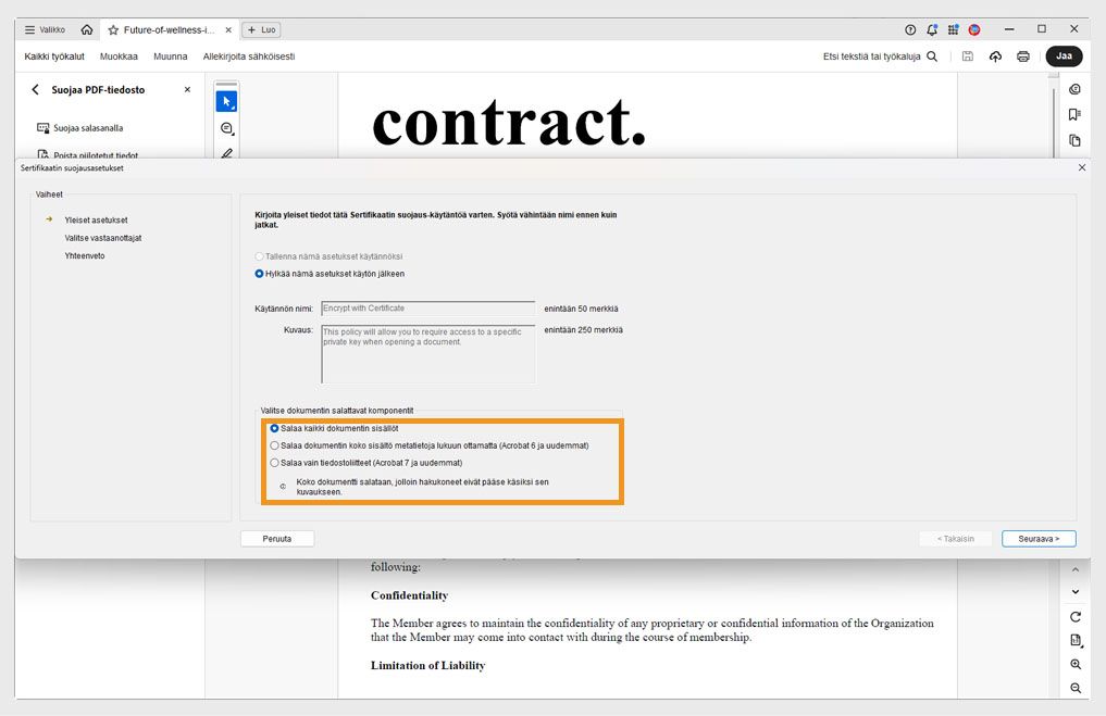 Varmennesuojauksen asetukset -valintaikkuna näyttää erilaisia asiakirjan osia salausta varten.