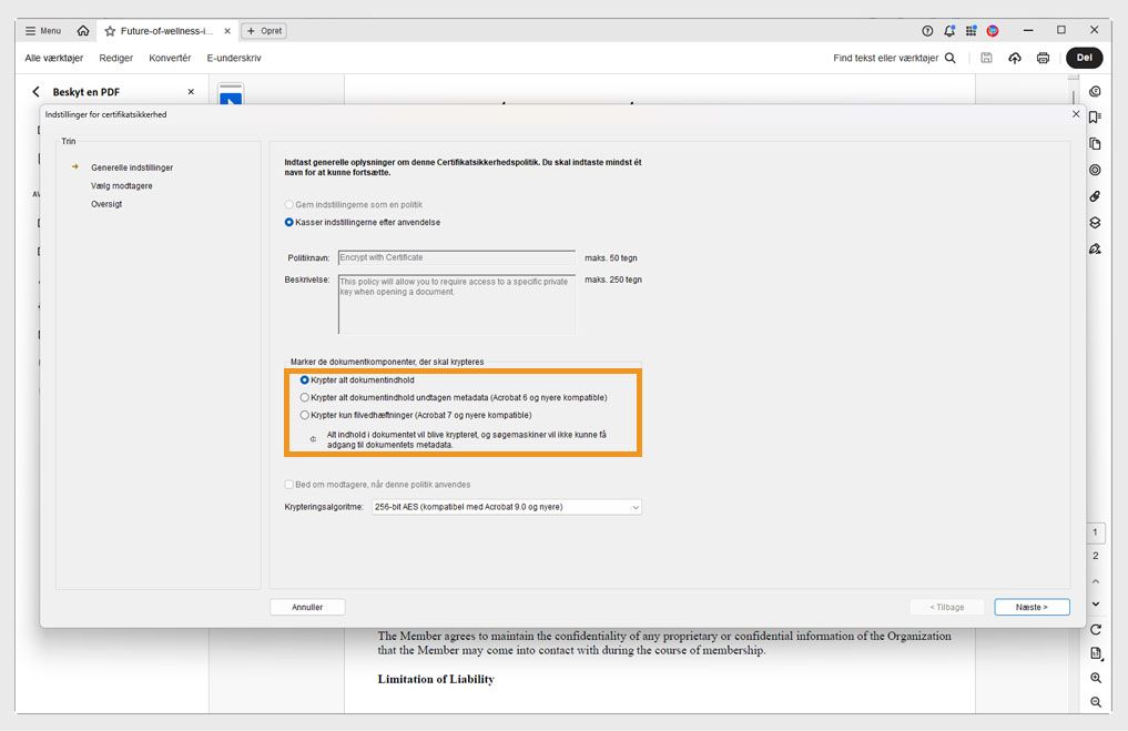 Dialogboksen Indstillinger for certifikatsikkerhed viser forskellige dokumentkomponenter til kryptering.