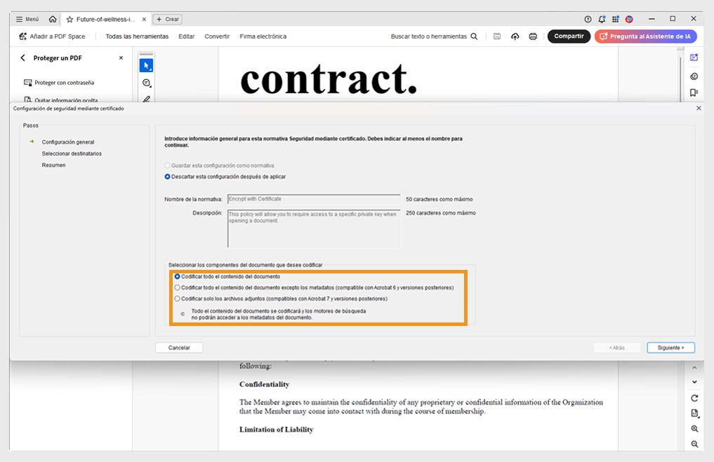 El cuadro de diálogo Configuración de seguridad de certificado muestra varios componentes del documento para el cifrado.