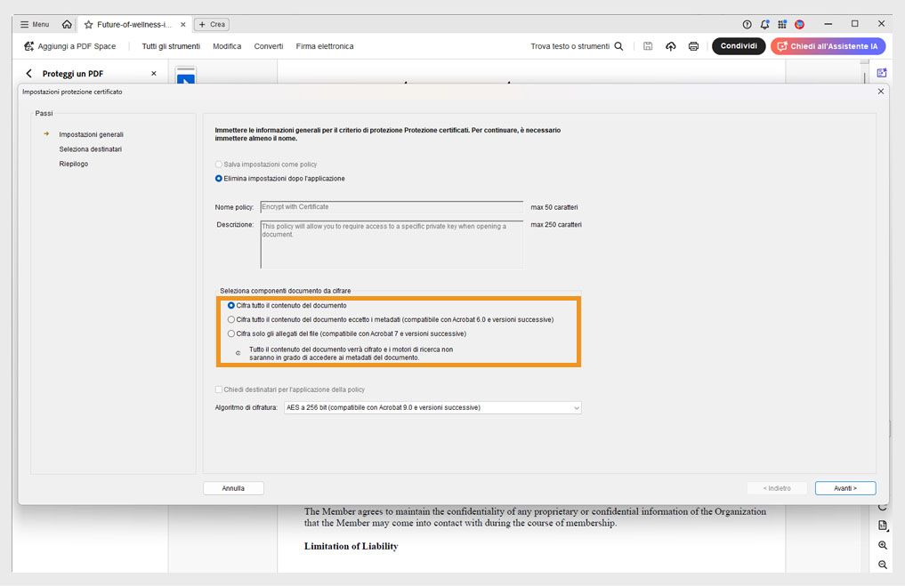 La finestra di dialogo Impostazioni protezione certificato mostra vari componenti del documento per la cifratura.