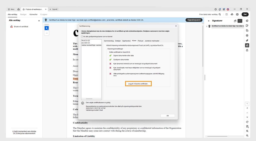 Dialogboksen for sertifikatvisning viser alternativet Legg til i klarerte sertifikater.