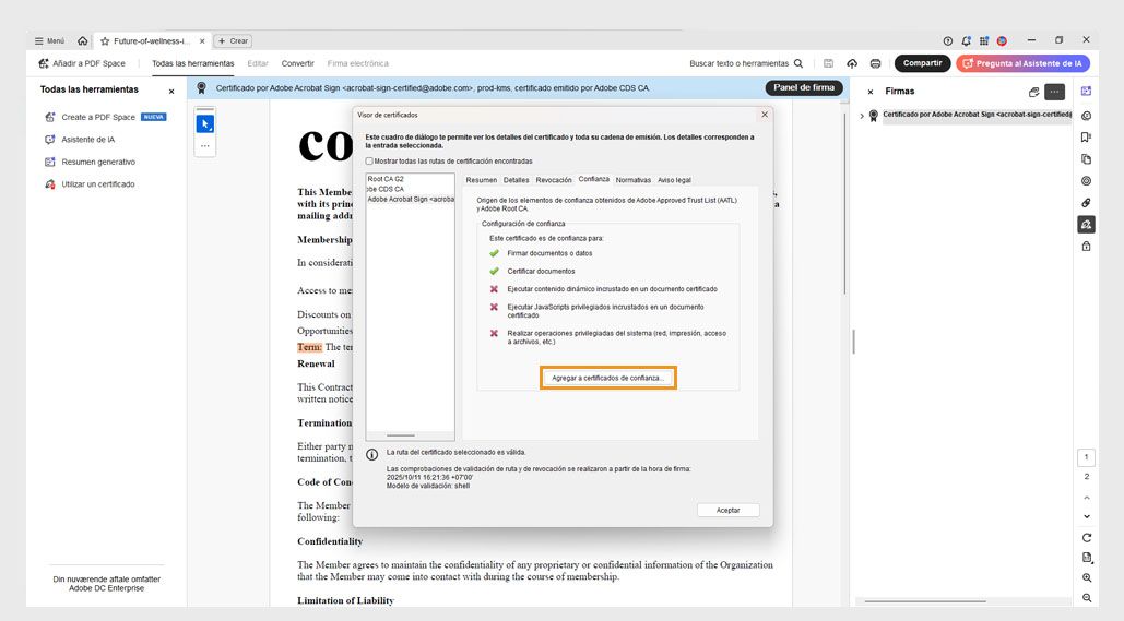 El cuadro de diálogo Visor de certificados muestra la opción Añadir a certificados de confianza.