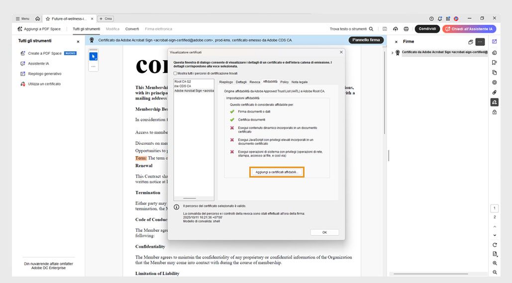 La finestra di dialogo Visualizzatore certificati mostra l’opzione Aggiungi a certificati affidabili.