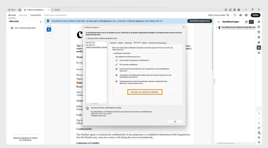 Het dialoogvenster Certificaat-viewer toont de optie Toevoegen aan vertrouwde certificaten.