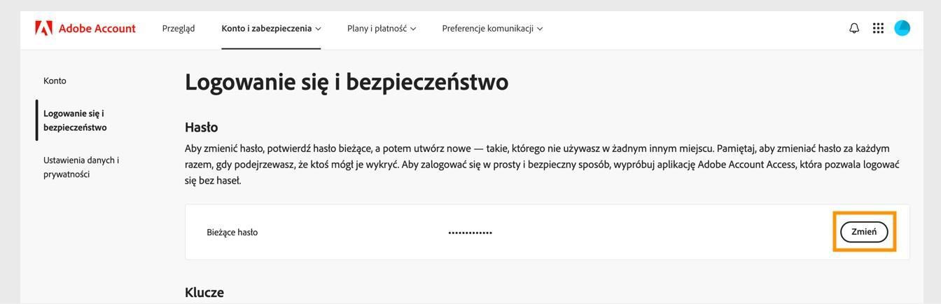 Przycisk Change, znajdujący się po prawej stronie ekranu w sekcji Password, umożliwia aktualizację hasła Adobe.
