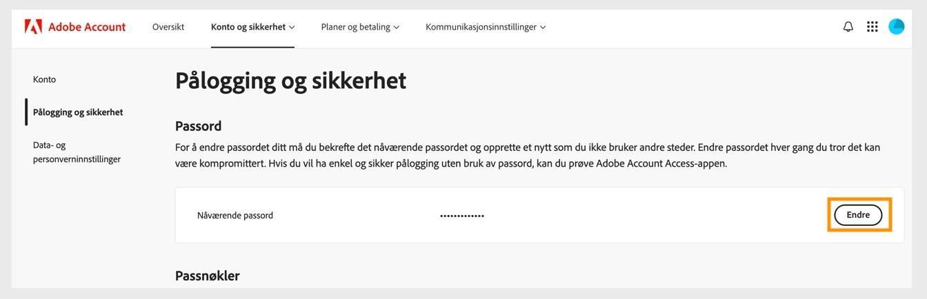 Endre-knappen, som ligger på høyre side av skjermen i Passord-delen, lar deg oppdatere Adobe-passordet ditt.