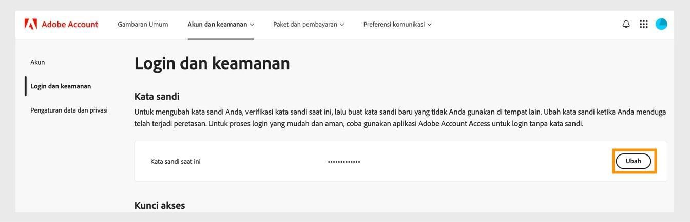 Tombol Ubah, terletak di sisi kanan layar di bagian Kata Sandi, memungkinkan Anda memperbarui kata sandi Adobe.