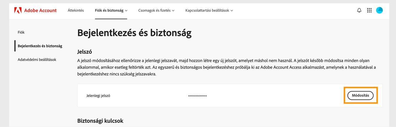 A Jelszó rész jobb oldalán található Módosítás gomb segítségével frissítheti Adobe-jelszavát.